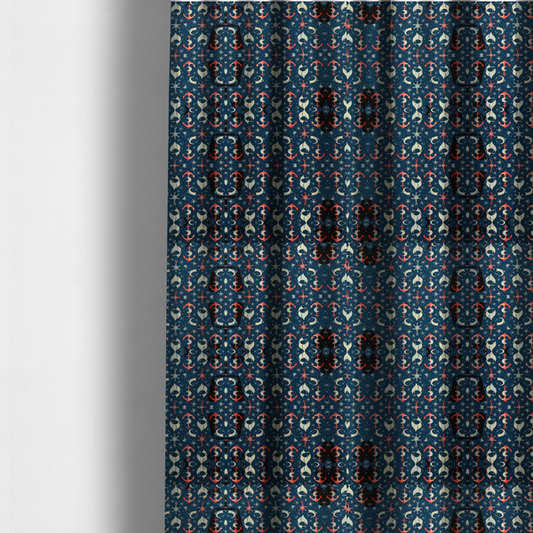 The fabric used to create these made-to-measure curtains is a pattern features an intricate, symmetrical nautical motif including anchors, stars, crescent shapes, and ornamental crests or panels.