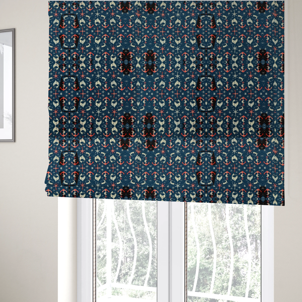 The fabric used to create these Roman blinds is a pattern features an intricate, symmetrical nautical motif including anchors, stars, crescent shapes, and ornamental crests or panels.