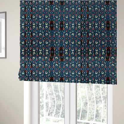 The fabric used to create these Roman blinds is a pattern features an intricate, symmetrical nautical motif including anchors, stars, crescent shapes, and ornamental crests or panels.