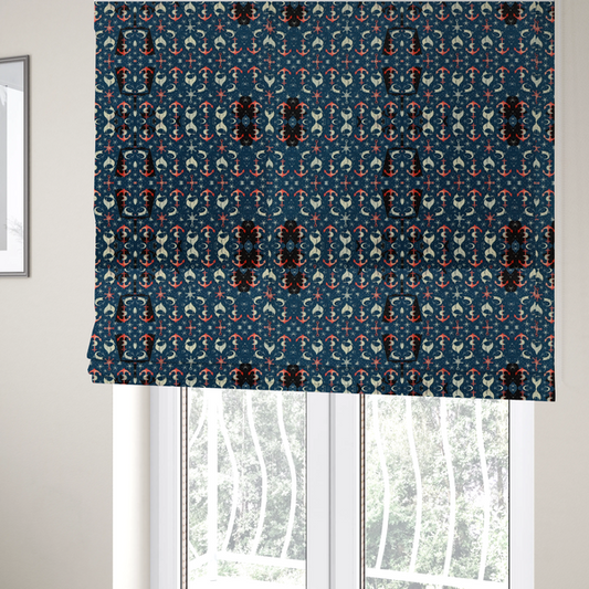 The fabric used to create these Roman blinds is a pattern features an intricate, symmetrical nautical motif including anchors, stars, crescent shapes, and ornamental crests or panels.