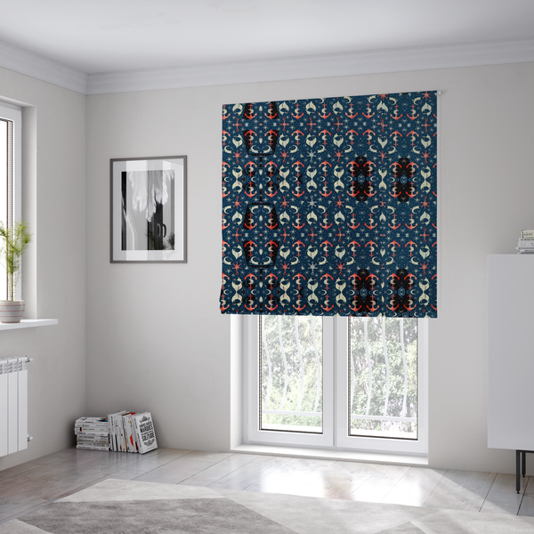 The fabric used to create these Roman blinds is a pattern features an intricate, symmetrical nautical motif including anchors, stars, crescent shapes, and ornamental crests or panels.