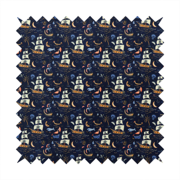 A dark navy blue fabric patterned with a repeating pirate-themed design featuring multi-sailed galleon ships with skull-and-crossbones flags sailing on stylized waves, accompanied by smaller elements including blue whales, crescent moons, skulls, tropical palm trees, and anchors.