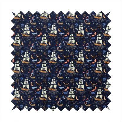 A dark navy blue fabric patterned with a repeating pirate-themed design featuring multi-sailed galleon ships with skull-and-crossbones flags sailing on stylized waves, accompanied by smaller elements including blue whales, crescent moons, skulls, tropical palm trees, and anchors.