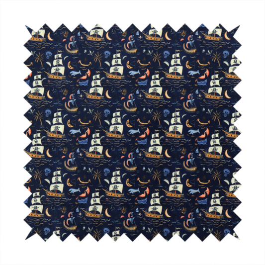 A dark navy blue fabric patterned with a repeating pirate-themed design featuring multi-sailed galleon ships with skull-and-crossbones flags sailing on stylized waves, accompanied by smaller elements including blue whales, crescent moons, skulls, tropical palm trees, and anchors.