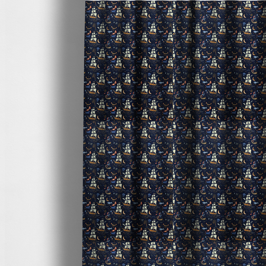 The fabric used to create these made-to-measure curtains is a dark navy blue fabric patterned with a repeating pirate-themed design featuring multi-sailed galleon ships with skull-and-crossbones flags sailing on stylized waves, accompanied by smaller elements including blue whales, crescent moons, skulls, tropical palm trees, and anchors.