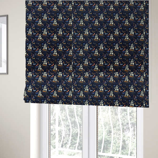 The fabric used to create these Roman blinds is a dark navy blue fabric patterned with a repeating pirate-themed design featuring multi-sailed galleon ships with skull-and-crossbones flags sailing on stylized waves, accompanied by smaller elements including blue whales, crescent moons, skulls, tropical palm trees, and anchors.