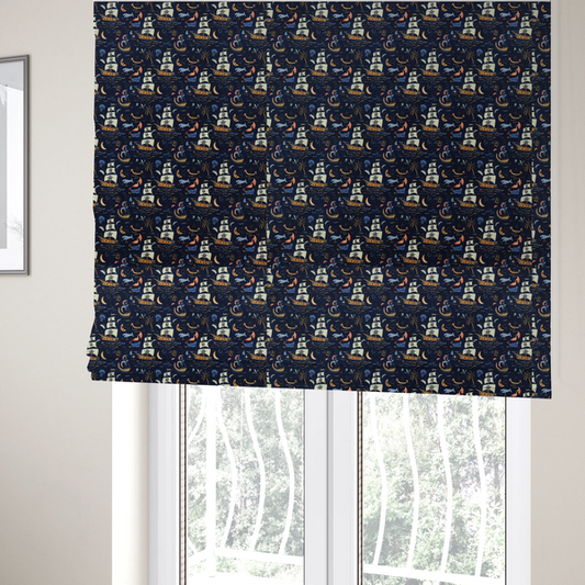 The fabric used to create these Roman blinds is a dark navy blue fabric patterned with a repeating pirate-themed design featuring multi-sailed galleon ships with skull-and-crossbones flags sailing on stylized waves, accompanied by smaller elements including blue whales, crescent moons, skulls, tropical palm trees, and anchors.