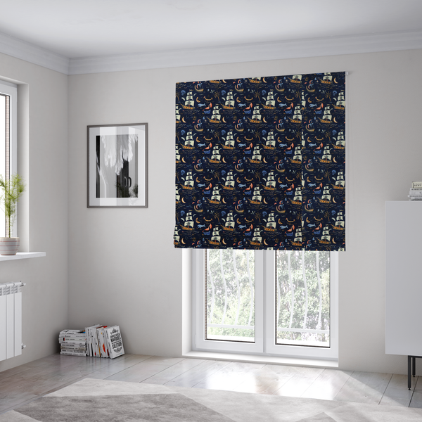 The fabric used to create these Roman blinds is a dark navy blue fabric patterned with a repeating pirate-themed design featuring multi-sailed galleon ships with skull-and-crossbones flags sailing on stylized waves, accompanied by smaller elements including blue whales, crescent moons, skulls, tropical palm trees, and anchors.