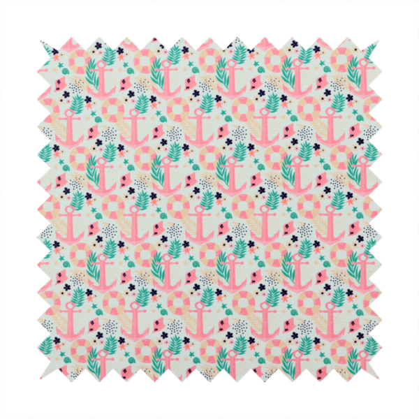 A light mint green fabric with a repeating nautical pattern featuring pink anchors framed by teal palm fronds, interspersed with pink and white striped life rings, tiny dark blue flowers, and small coral shells.