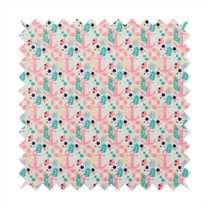 A light mint green fabric with a repeating nautical pattern featuring pink anchors framed by teal palm fronds, interspersed with pink and white striped life rings, tiny dark blue flowers, and small coral shells.
