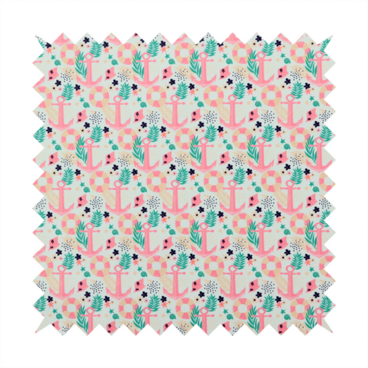 A light mint green fabric with a repeating nautical pattern featuring pink anchors framed by teal palm fronds, interspersed with pink and white striped life rings, tiny dark blue flowers, and small coral shells.