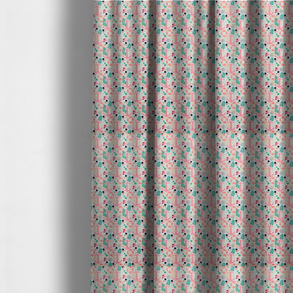 The fabric used to create these made-to-measure curtains is a light mint green fabric with a repeating nautical pattern featuring pink anchors framed by teal palm fronds, interspersed with pink and white striped life rings, tiny dark blue flowers, and small coral shells.