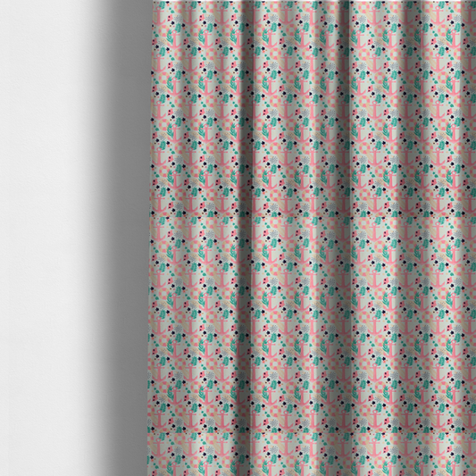 The fabric used to create these made-to-measure curtains is a light mint green fabric with a repeating nautical pattern featuring pink anchors framed by teal palm fronds, interspersed with pink and white striped life rings, tiny dark blue flowers, and small coral shells.