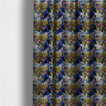 The fabric used to create these made-to-measure curtains is a vibrant jungle-themed fabric on a rich blue background featuring a repeating pattern of yellow leopards with black spots, blue panthers, toucans with bright orange and yellow beaks, light grey monkeys, small yellow-and-red birds, and lush tropical leaves and pink flowers.
