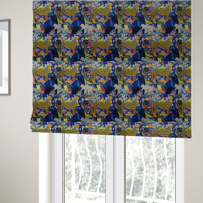 The fabric used to create these Roman blinds is a vibrant jungle-themed fabric on a rich blue background featuring a repeating pattern of yellow leopards with black spots, blue panthers, toucans with bright orange and yellow beaks, light grey monkeys, small yellow-and-red birds, and lush tropical leaves and pink flowers.