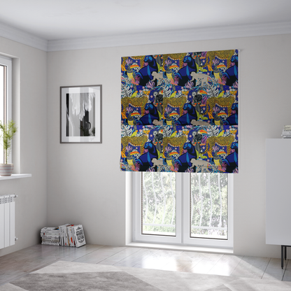 The fabric used to create these Roman blinds is a vibrant jungle-themed fabric on a rich blue background featuring a repeating pattern of yellow leopards with black spots, blue panthers, toucans with bright orange and yellow beaks, light grey monkeys, small yellow-and-red birds, and lush tropical leaves and pink flowers.