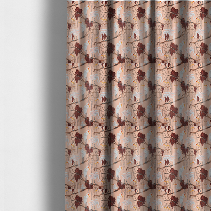 the fabric used to create these made-to-measure curtains is a peach-pink fabric with an illustrated botanical and avian pattern featuring white egrets perched on brown branches among dark red, stylized foliage and weeping floral tendrils.