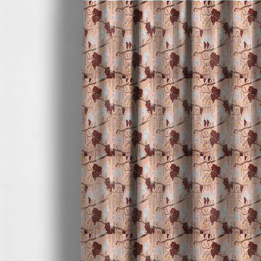 the fabric used to create these made-to-measure curtains is a peach-pink fabric with an illustrated botanical and avian pattern featuring white egrets perched on brown branches among dark red, stylized foliage and weeping floral tendrils.