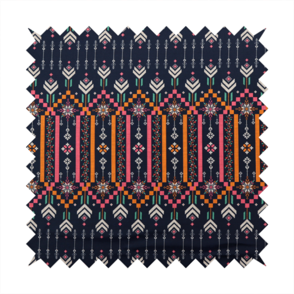 A dark navy blue fabric featuring a repeating geometric pattern with rows of chevron arrows, starburst motifs, and vertical striped panels containing delicate floral vine designs in pink, orange, white, and turquoise.