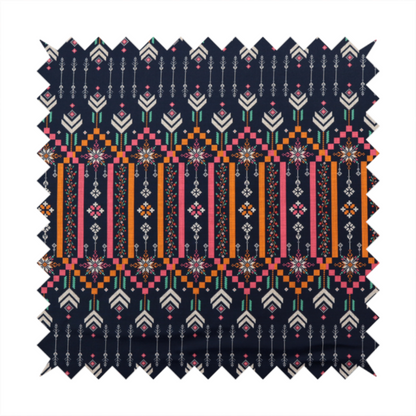 A dark navy blue fabric featuring a repeating geometric pattern with rows of chevron arrows, starburst motifs, and vertical striped panels containing delicate floral vine designs in pink, orange, white, and turquoise.