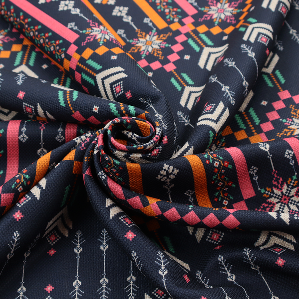 A dark navy blue fabric featuring a repeating geometric pattern with rows of chevron arrows, starburst motifs, and vertical striped panels containing delicate floral vine designs in pink, orange, white, and turquoise.