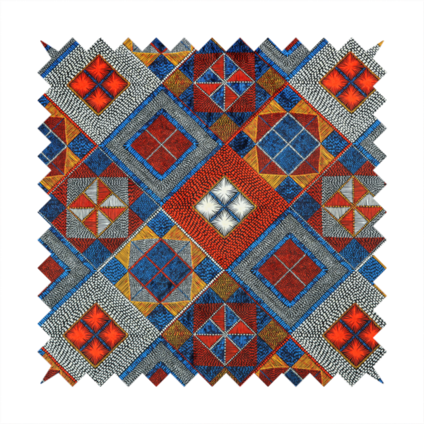 A geometric African wax print fabric featuring an intricate repeating pattern of nested diamonds, squares, and triangular motifs.