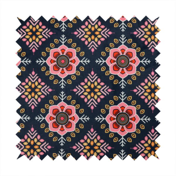 A repeating folk-art textile design featuring alternating rows of stylized pink floral blossoms and intricate diamond-shaped geometric motifs.
