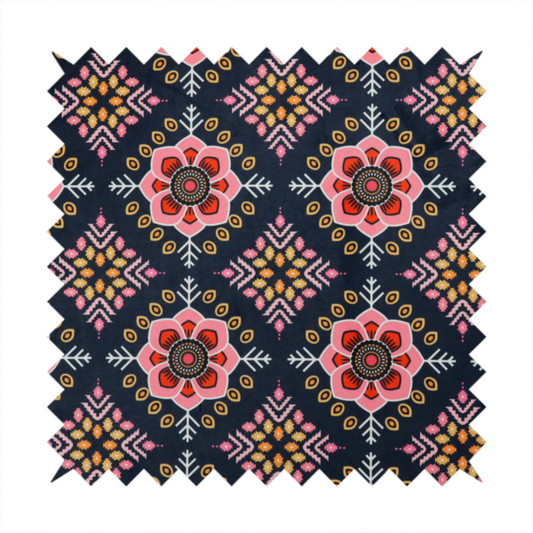 A repeating folk-art textile design featuring alternating rows of stylized pink floral blossoms and intricate diamond-shaped geometric motifs.