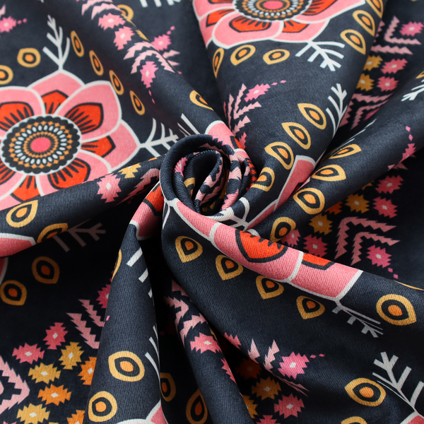 A repeating folk-art textile design featuring alternating rows of stylized pink floral blossoms and intricate diamond-shaped geometric motifs.