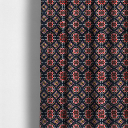 The fabric used to create these made-to-measure curtains is a repeating folk-art textile design featuring alternating rows of stylized pink floral blossoms and intricate diamond-shaped geometric motifs.