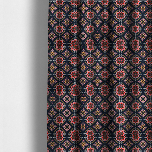 The fabric used to create these made-to-measure curtains is a repeating folk-art textile design featuring alternating rows of stylized pink floral blossoms and intricate diamond-shaped geometric motifs.