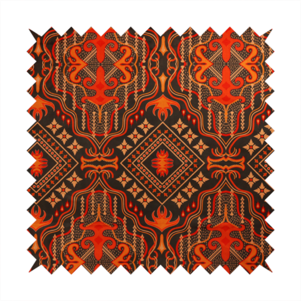 An ornate damask and tribal-inspired textile pattern featuring large symmetrical medallions interspersed with diamond shapes.