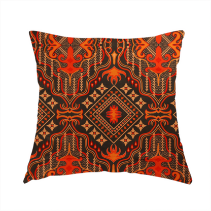 The fabric used to create this handmade cushion is an ornate damask and tribal-inspired textile pattern featuring large symmetrical medallions interspersed with diamond shapes.