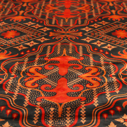 An ornate damask and tribal-inspired textile pattern featuring large symmetrical medallions interspersed with diamond shapes.