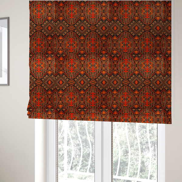The fabric used to create these Roman blinds is an ornate damask and tribal-inspired textile pattern featuring large symmetrical medallions interspersed with diamond shapes.