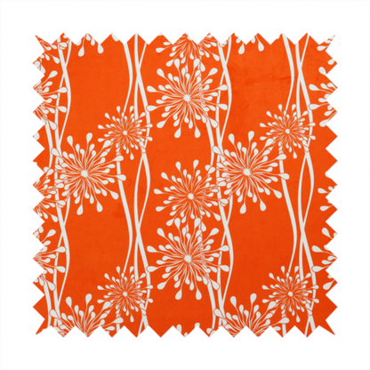 A modern botanical fabric featuring abstract, starburst floral or dandelion motifs paired with vertical wavy lines.