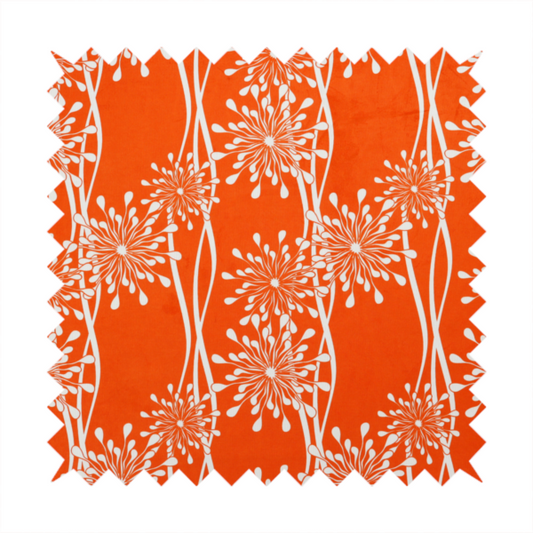 A modern botanical fabric featuring abstract, starburst floral or dandelion motifs paired with vertical wavy lines.