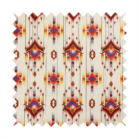 An off-white fabric featuring a vibrant Southwestern Aztec and ikat-style geometric pattern.
