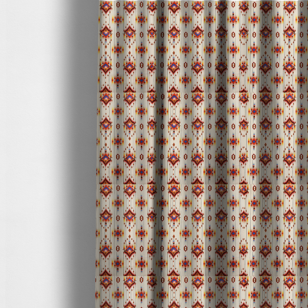 The fabric used to create these made-to-measure curtains is a off-white fabric featuring a vibrant Southwestern Aztec and ikat-style geometric pattern.