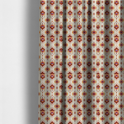 The fabric used to create these made-to-measure curtains is a off-white fabric featuring a vibrant Southwestern Aztec and ikat-style geometric pattern.