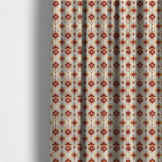 The fabric used to create these made-to-measure curtains is a off-white fabric featuring a vibrant Southwestern Aztec and ikat-style geometric pattern.