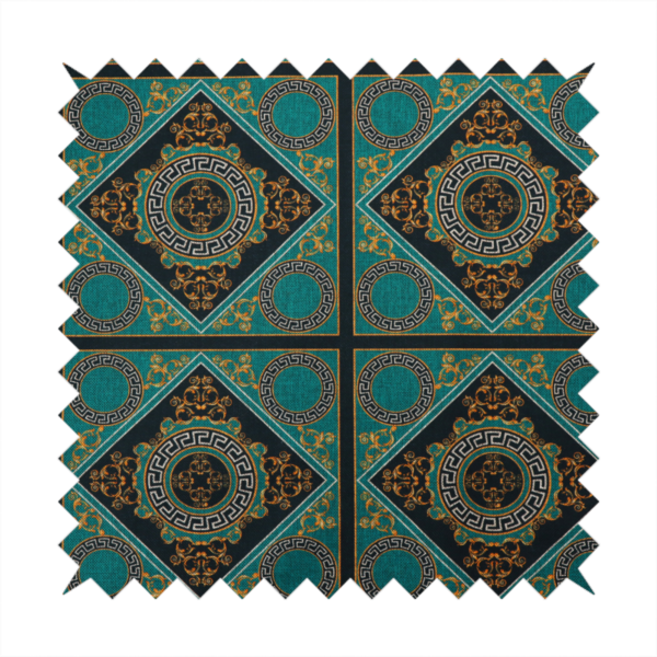 A teal and black fabric featuring a luxurious Baroque and Renaissance-inspired geometric pattern.