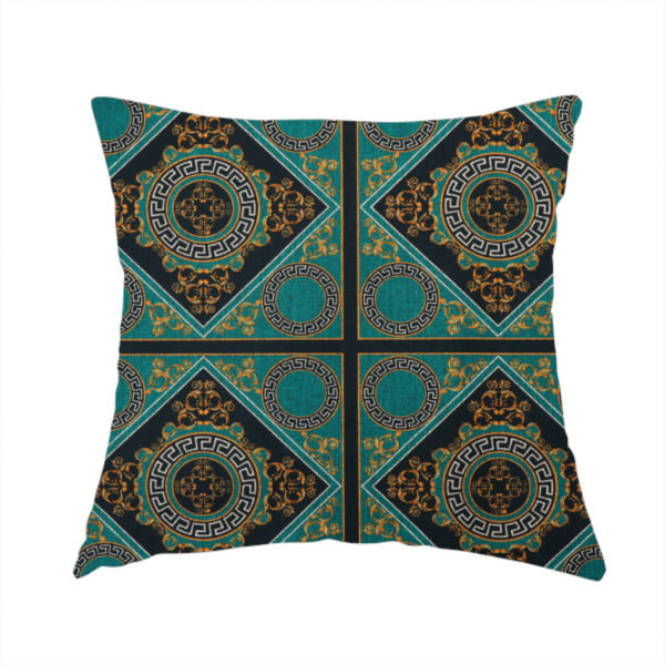 The fabric used to create this handmade cushion is a teal and black fabric featuring a luxurious Baroque and Renaissance-inspired geometric pattern.