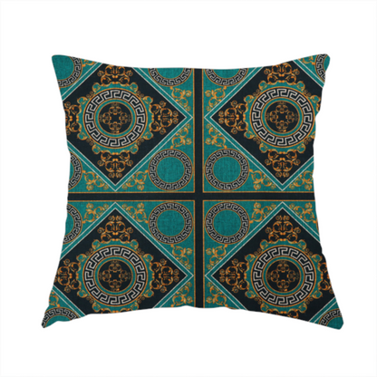 The fabric used to create this handmade cushion is a teal and black fabric featuring a luxurious Baroque and Renaissance-inspired geometric pattern.