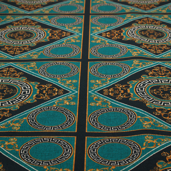 A teal and black fabric featuring a luxurious Baroque and Renaissance-inspired geometric pattern.