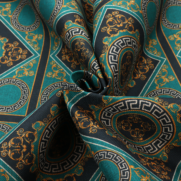 A teal and black fabric featuring a luxurious Baroque and Renaissance-inspired geometric pattern.