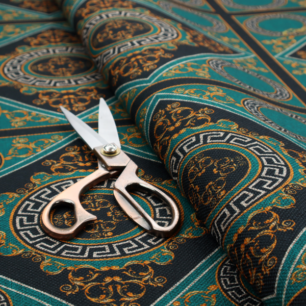 A teal and black fabric featuring a luxurious Baroque and Renaissance-inspired geometric pattern.