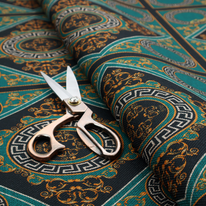 A teal and black fabric featuring a luxurious Baroque and Renaissance-inspired geometric pattern.