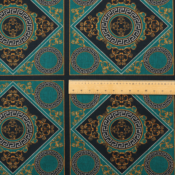 A teal and black fabric featuring a luxurious Baroque and Renaissance-inspired geometric pattern.