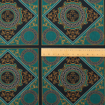 A teal and black fabric featuring a luxurious Baroque and Renaissance-inspired geometric pattern.